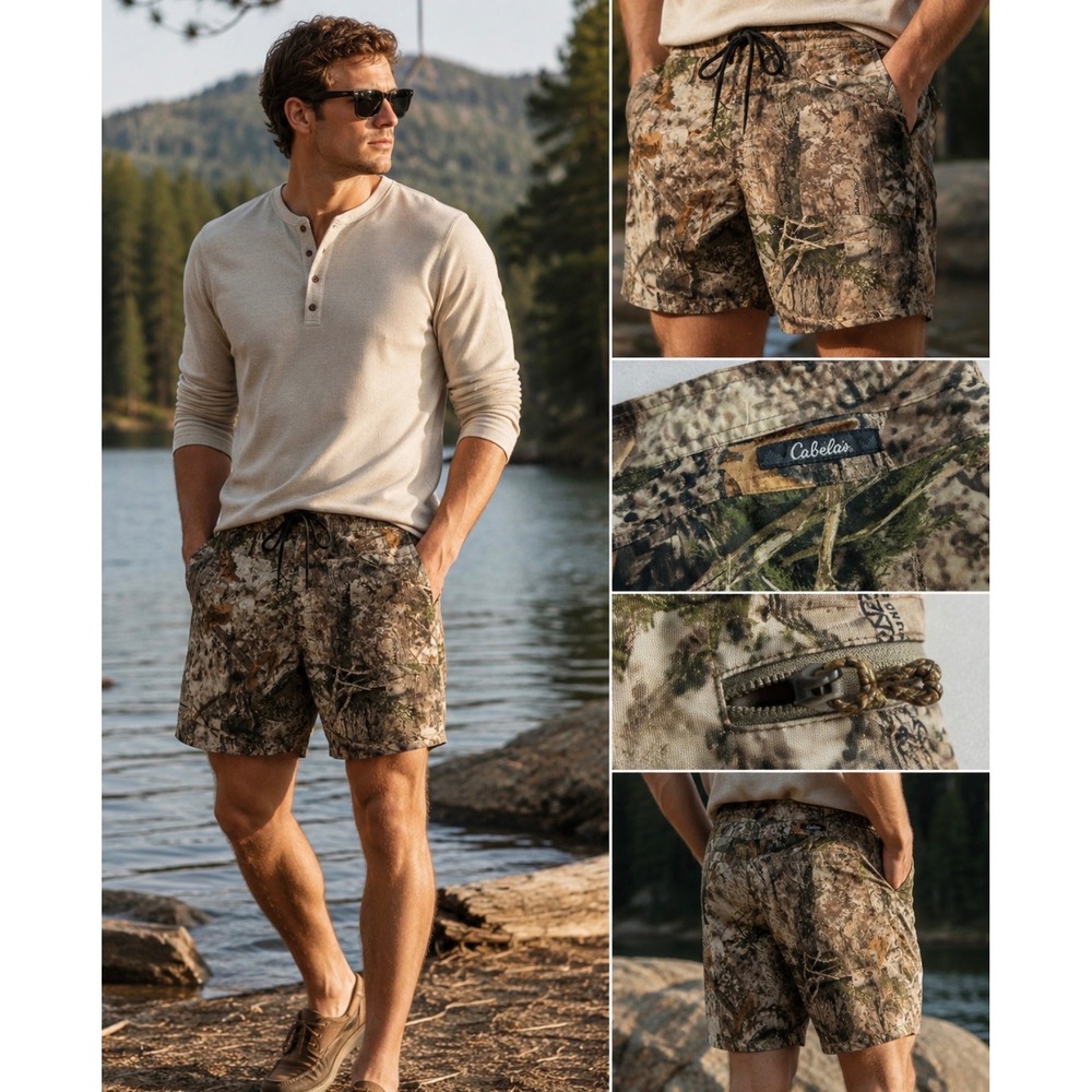 Cabelas Zonz Woodland Camo Shorts Mens 40 Brown Green Hiking Fishing 906480